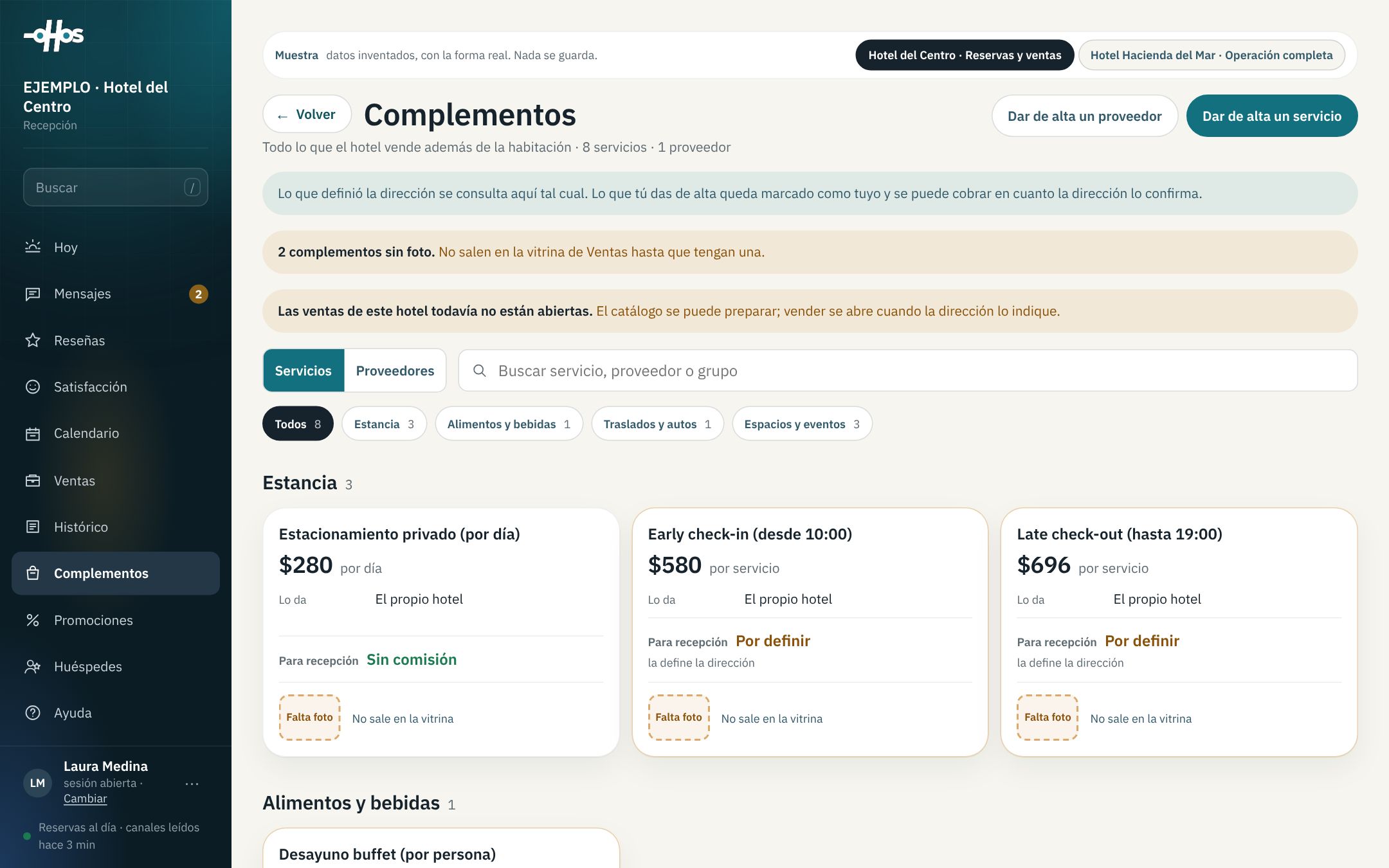 Complementos: servicios con su precio y su venta desde recepción.