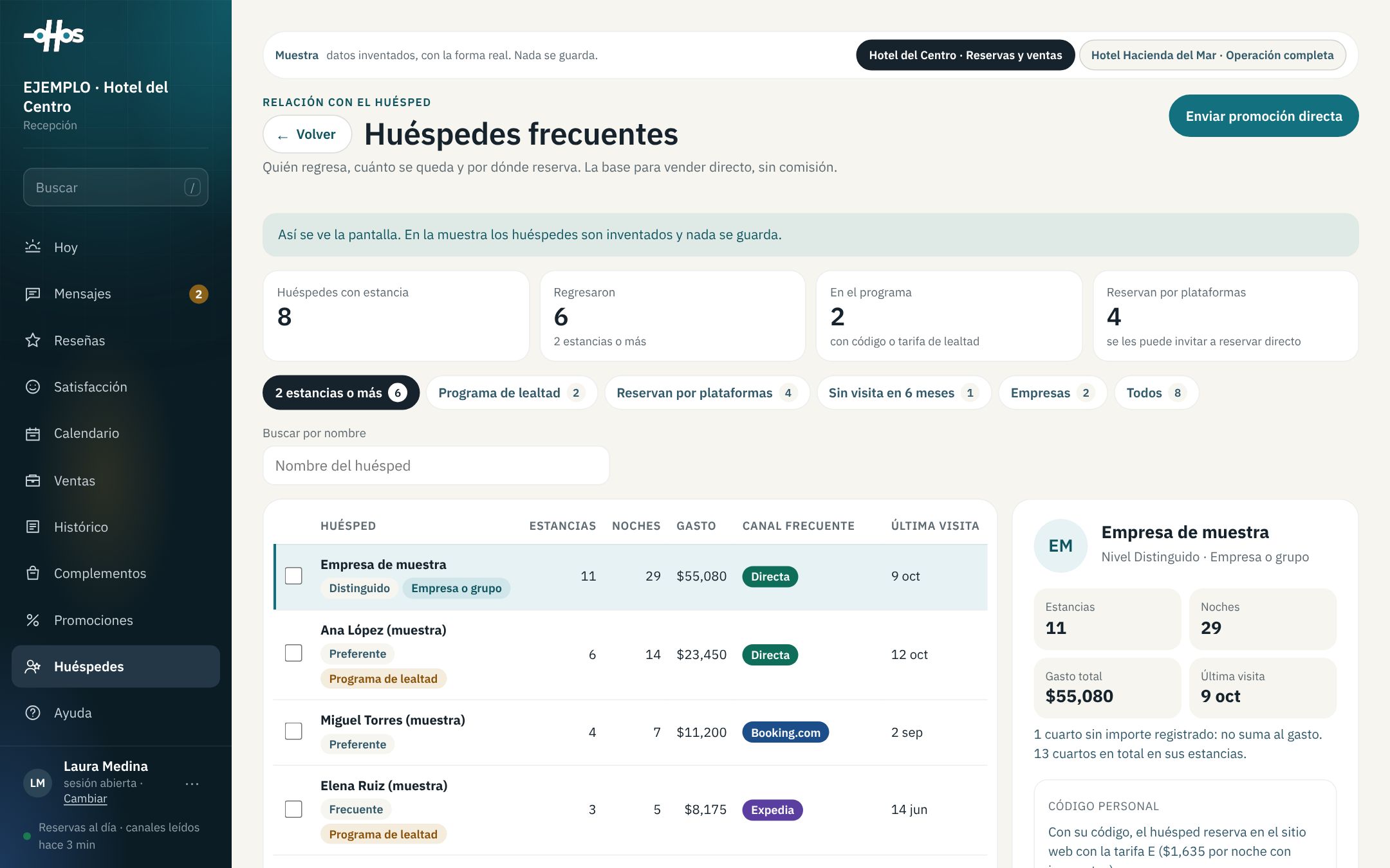 Huéspedes frecuentes: filtros, lista y el perfil del huésped con su código personal.