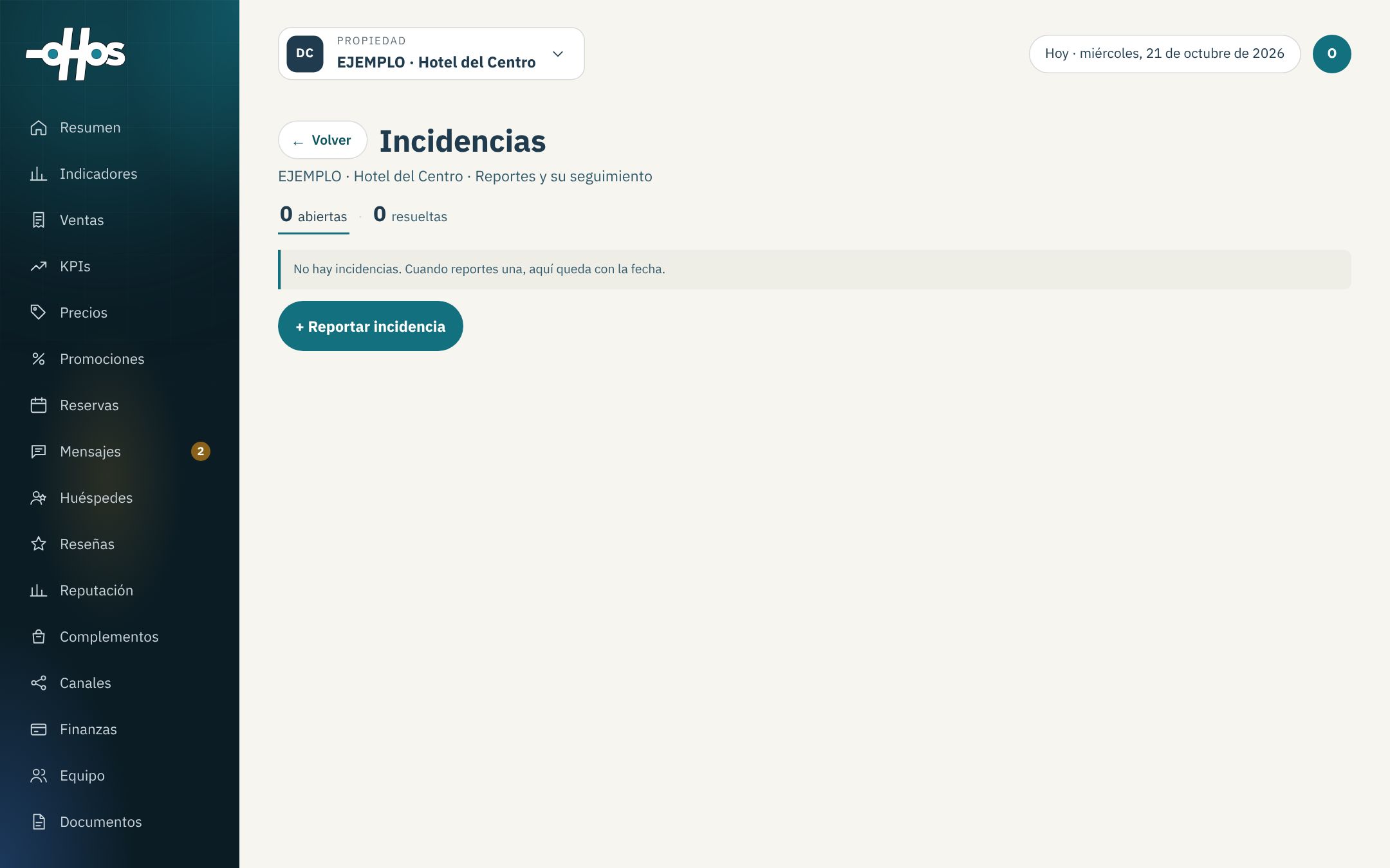 Incidencias: reportes abiertos y resueltos, con su fecha.