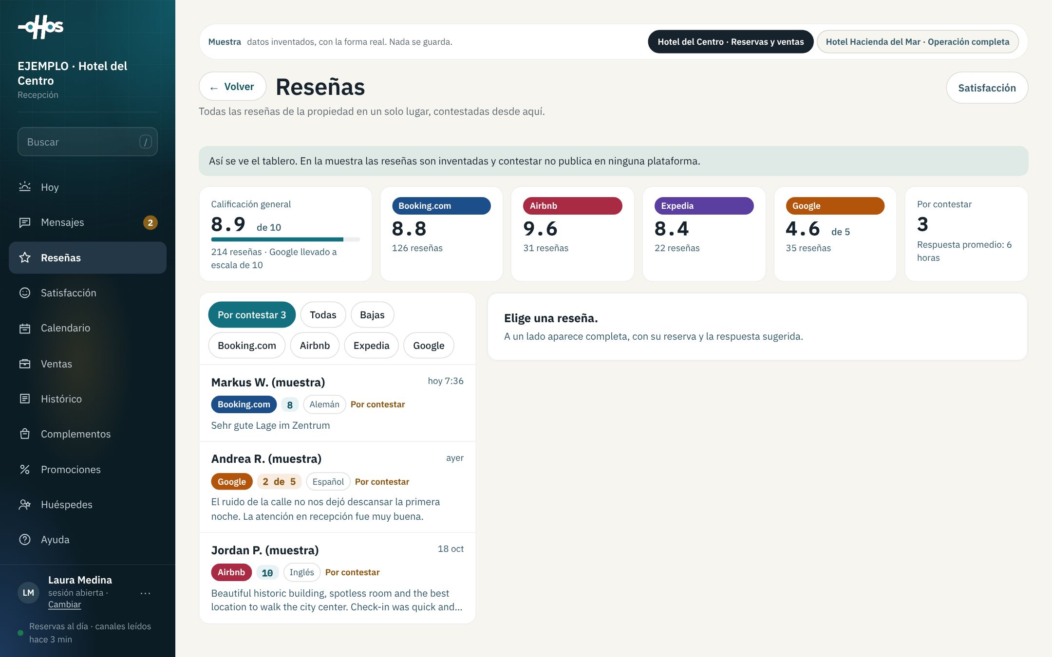 El tablero de Reseñas: calificación por plataforma y reseñas por contestar.