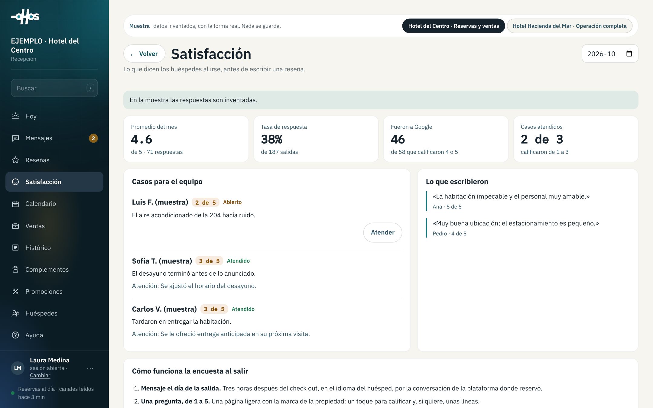 Satisfacción: resultados de la encuesta de salida y casos para el equipo.